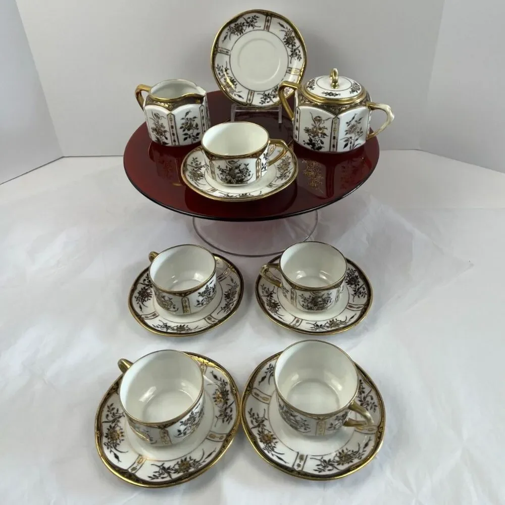 Antique Nippon Noritake Morimura Black Gold Porcelain Tea Service 13 Piece Set